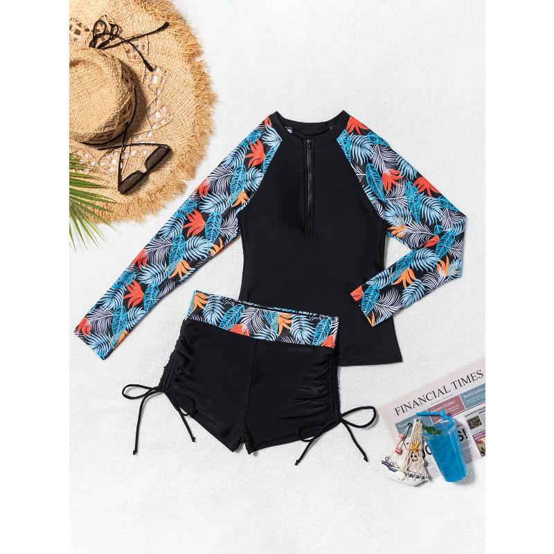 New women's zipper splicing printed long-sleeved boxers split competitive swimsuit