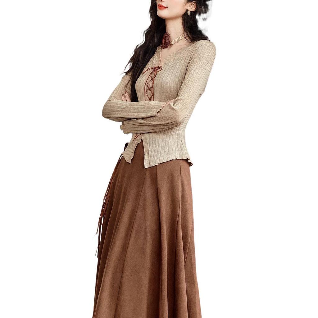 Women's Autumn Suit Set: Long-Sleeve Knit Top & Deerskin Velvet Skirt