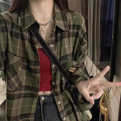 Women's Green Plaid Shirt - Casual Loose Fit, Student Design, Versatile, Lazy Style Outerwear.