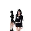 Korean Style Black Polka Dot Patchwork Long Sleeve Women's Velvet T-shirt, Autumn Slim Fit Fake Two-Piece Top