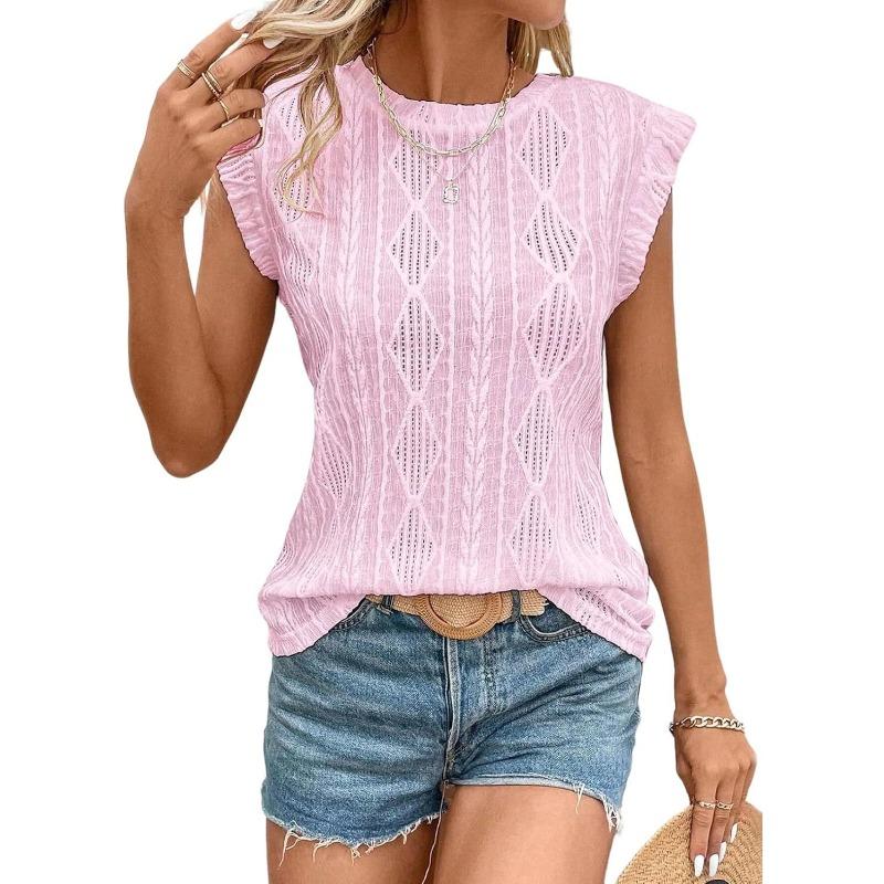 T-shirt a gilet casual da donna, scollo rotondo, jacquard, manica corta, geometrica