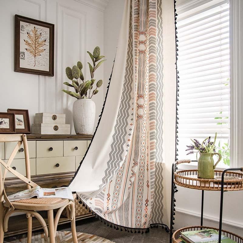 

Tribal Style Bohemian Cream Cotton Linen Printing Sunshade Free Perforated Living Room Bedroom Kitchen Window Curtain Cloth W135 x H46cm&Threading Rod