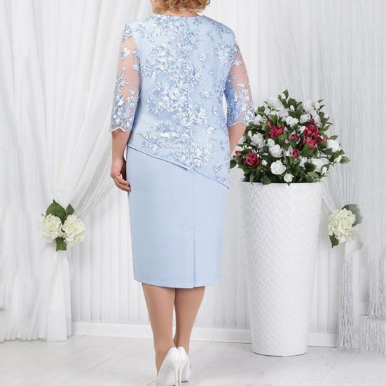 Floral Lace Mother of the Bride Dress Plus Size Midi Party Dress with Sheer Half Sleeves