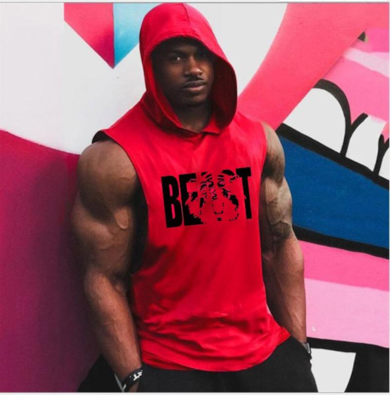Men's Bodybuilding Fitness Sports Vest Hooded Sleeveless T-shirt Five-star Stitching Loose Large Size