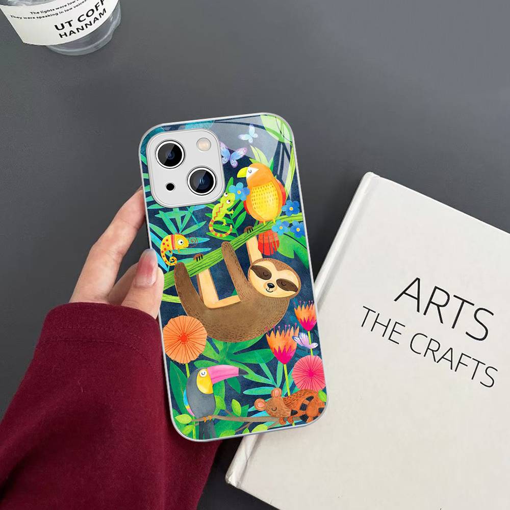 Jungle Art Illustration Snake Cats Sloth Tempered Glass For Iphone 14 13 12 11 Pro Mini XS MAX 14Plus X XS XR Fundas