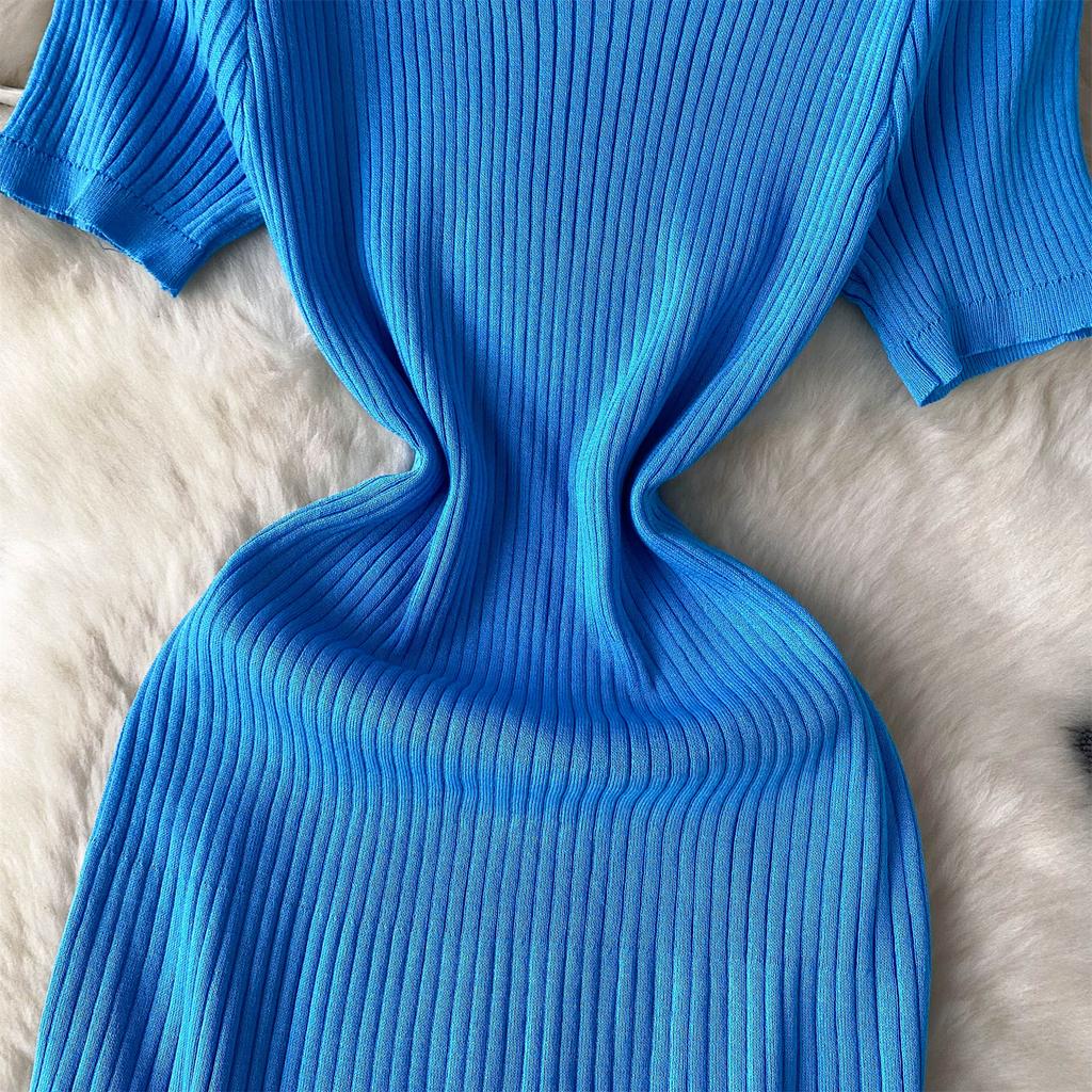 Suéter de punto de manga corta para mujer, vestido largo midi de malla con retazos, estilo dulce de verano