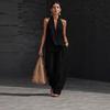 Women's Khaki Halter Neck Deep V-Neck Top and Wide Leg Pants Set