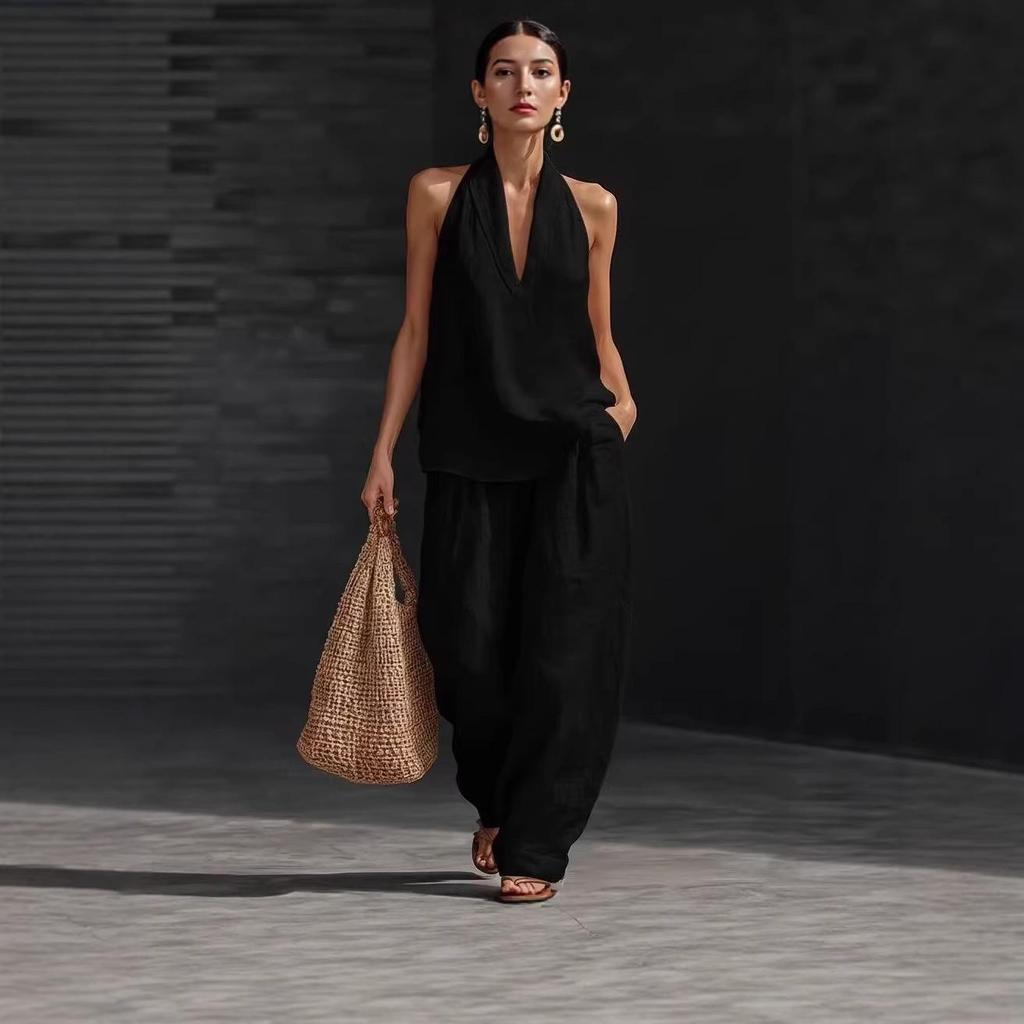 Women's Khaki Halter Neck Deep V-Neck Top and Wide Leg Pants Set