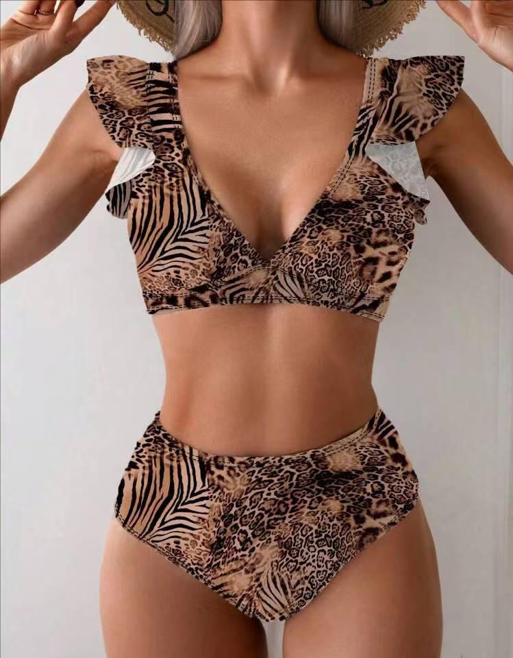 

European And American Swimsuit Women S Print High Waist Bikini Two-Piece Set Sexy Split Hot Spring Swimsuit Bikini S цветной печати леопарда