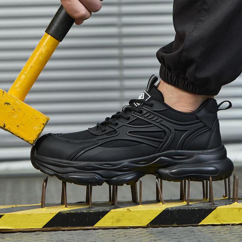 Waterproof Steel Toe Shoes Men's Safety Shoes Anti Compression Anti Puncture Comfortable Protection Pure Black Work Shoes Men