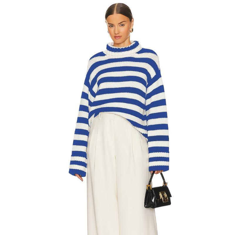 Comfortable Versatile Fashion High Neck Knitted Sweater Female Fall and Winter Loose Striped Long-sleeved Knit Sweater Sweater Coat Female