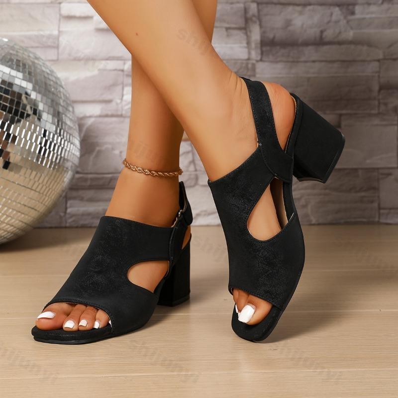 Fashion 2025 Summer New Women's Coarse Heels Fashion Casual Sandals Open Toed Hollow Breathable Roman Style Slip on High Heel Cool Pumps