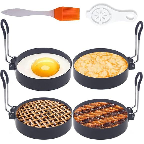 Stainless Steel Egg Cooker Set - 8  Omelette Ring, 6  Pancake Ring, 4  Griddle Egg Ring - Non-stick, Upgrade Large 3 Packs Egg Cooking Rings with Oil Black 4 pcs of 4” with