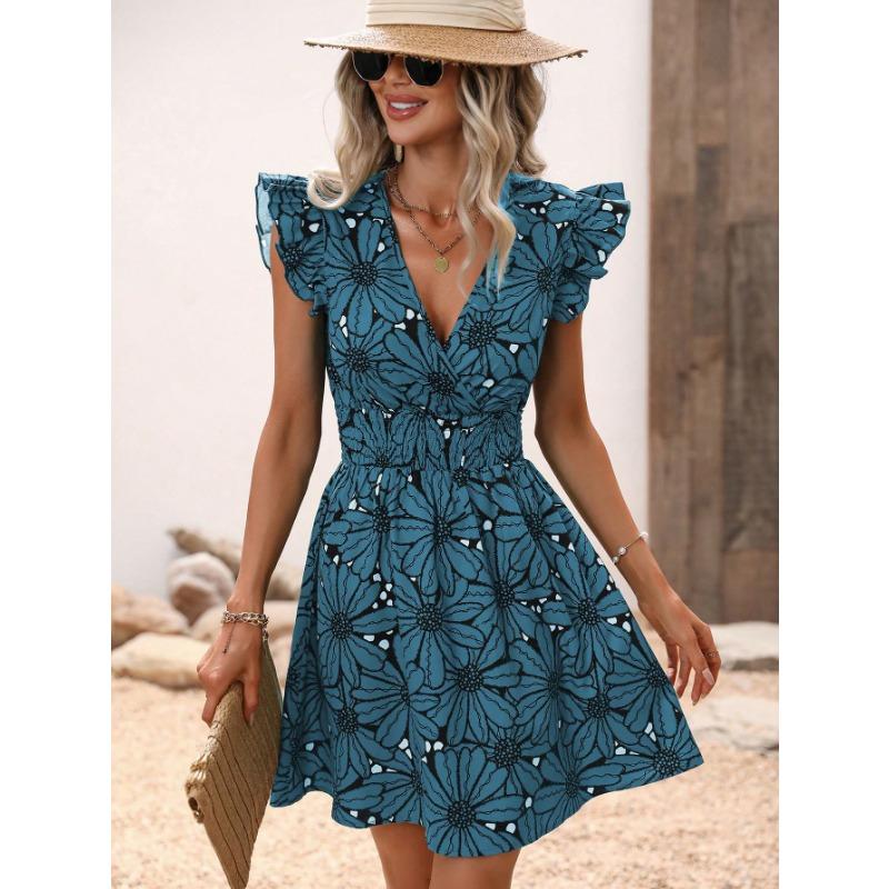 Women's Summer V-neck Waist Sexy Big Flower Ruffled Sleeveless Dress