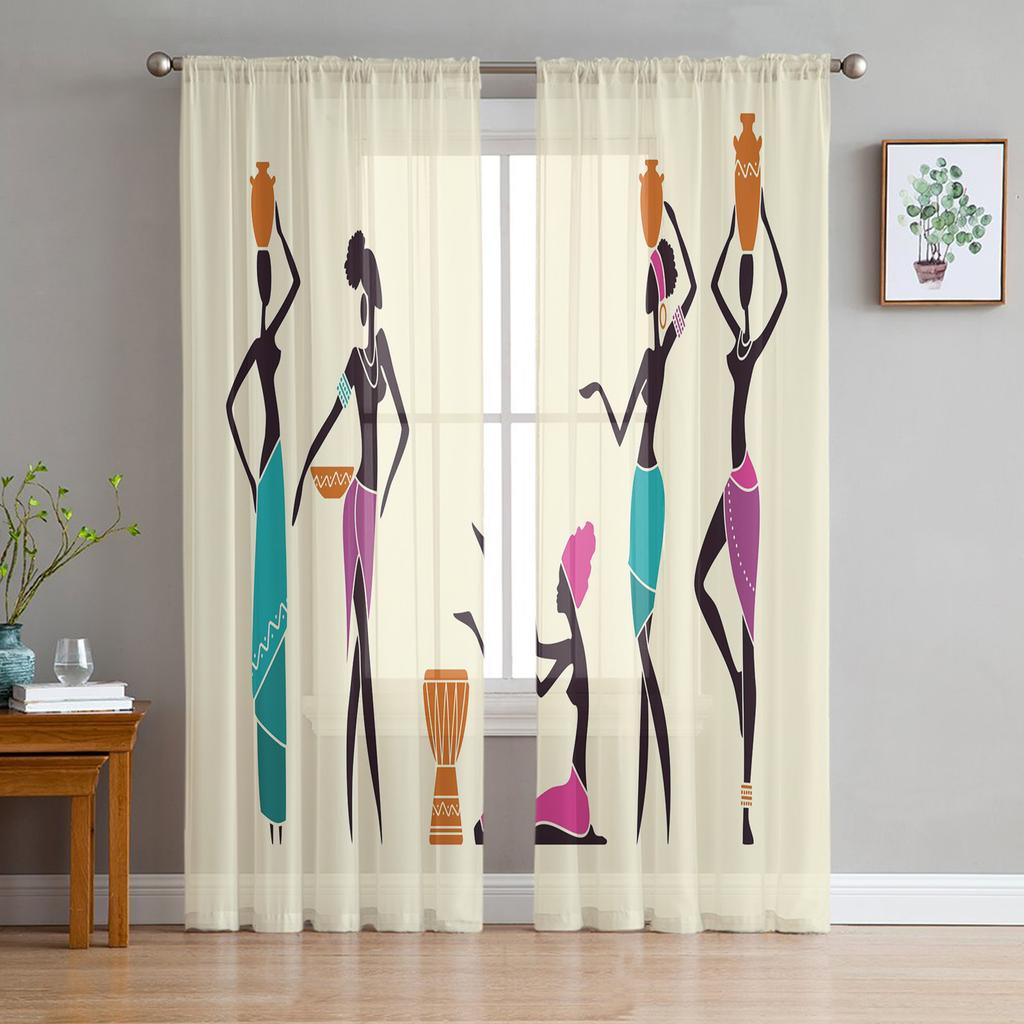 African Black Women Tulle Curtains For Living Room Bedroom Kitchen Decoration Chiffon Sheer Voile Window Curtains Custom Drape