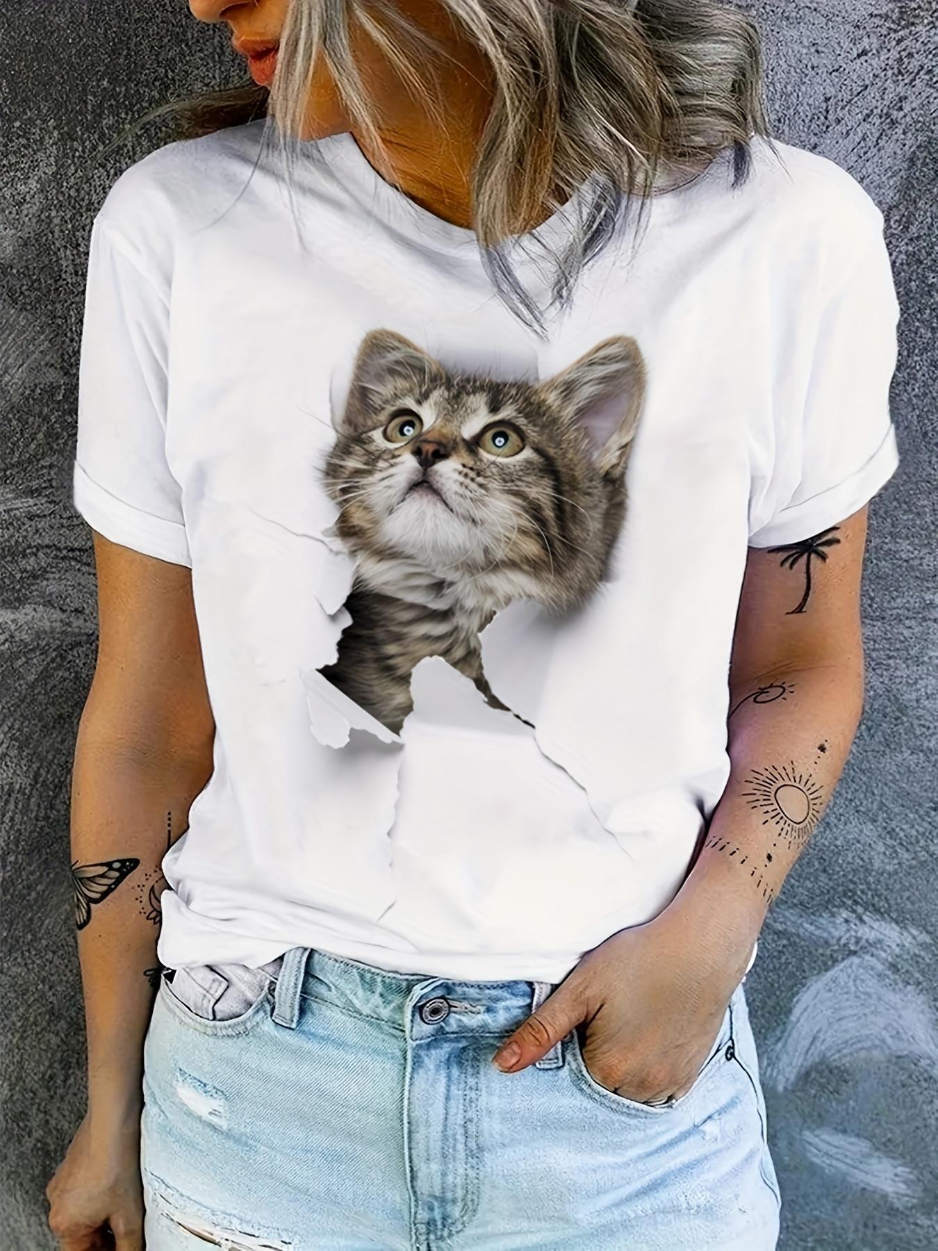 Cute cat print T-shirt round neck short sleeved T-shirt XS