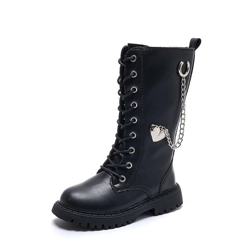 Girls Boots Winter New Korean Style Britain Style Children Fashion Versatile Soft Princess Shoes High Boots Chains Love PU