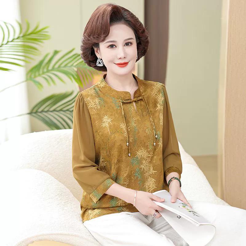 Camiseta de Manga Siete Minutos Estilo Chino para Mujer Primavera y Verano Tops Simples de Botones Pulóver para Mediana Edad y Ancianas