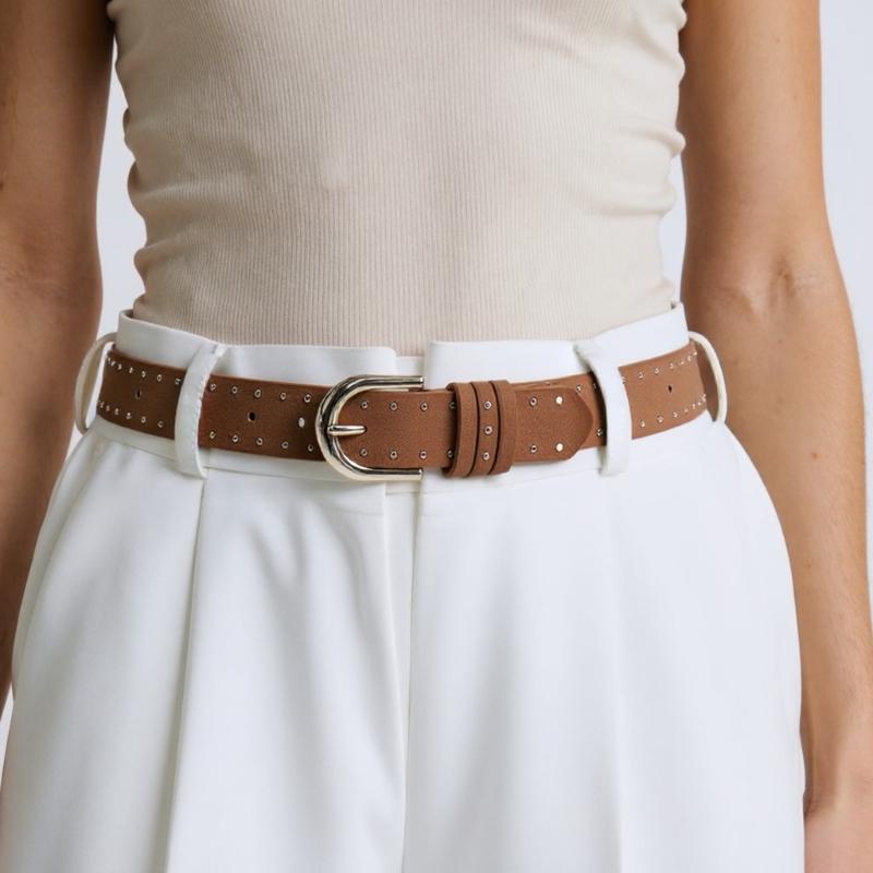 Unisex Solid Color Jeans Belt Studded Accents Adjustable PU Leather Fashion Accessory With Metal Buckles