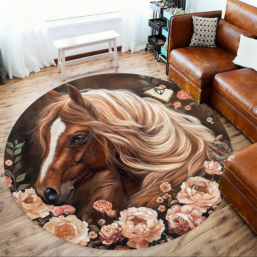 1PC horse flowers Office Round Area Rug, Under Office Chairs Bedroom Living Room Home Decor, Carpet for Office -1110166