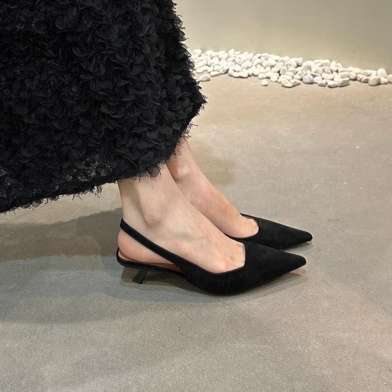 

Fashion 2025 Spring Summer Women Kitten Heels Pointed Toe Sandals Fashion Back Buckle Bling Silver Ladies Casual Med Heels Shoes 35 чёрный