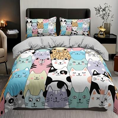 3pcs Fashion Duvet Cover Set Cute Black Color Cat Print Bedding Set Soft Comfortable Breathable Duvet Cover For Bedroom Decor