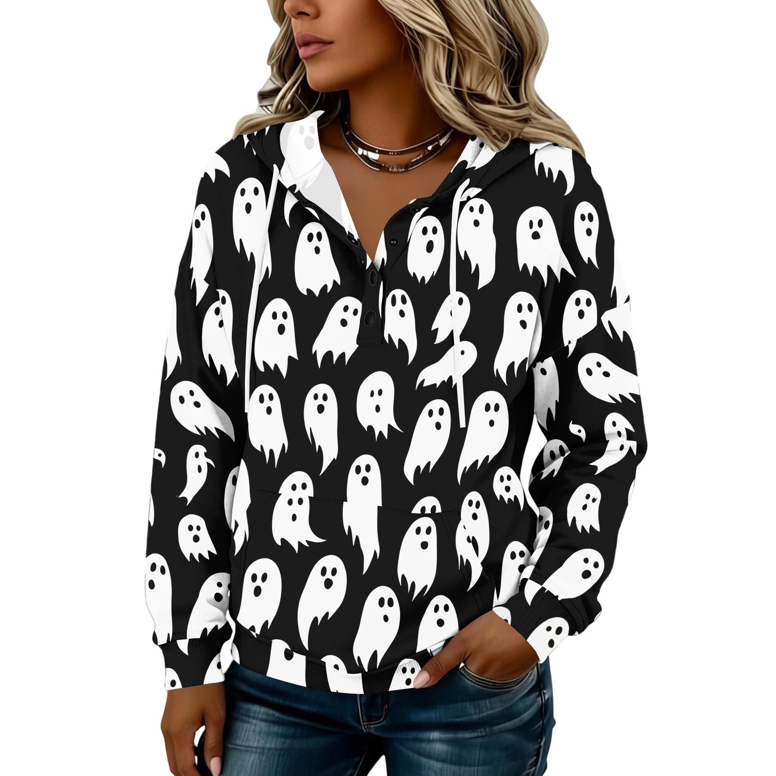 Women s Fashion Hooded Button Front Halloween Print Sweatshirt XXXL