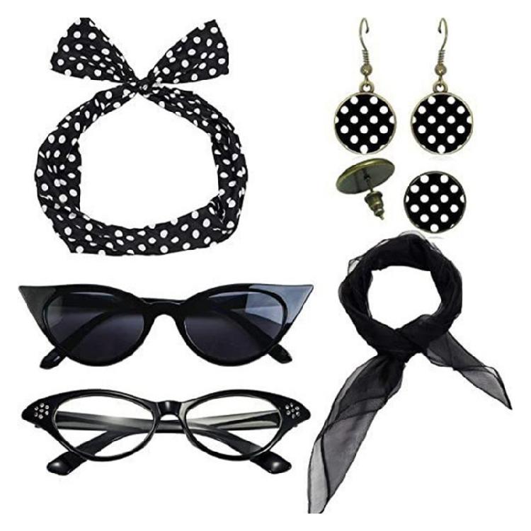 Woman Polkas Dot Earrings Scarf Headband Cats Eye Glasses 50's Costume Accessories Set for Party