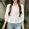VONDA Summer Women Lapel Neck 3/4 Sleeve Ruffled Casual Blouse Tops