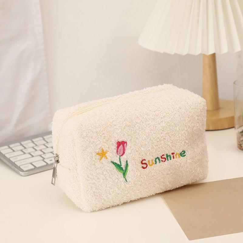 Cute Cosmetic Storage Bag Embroidered Flowers Cosmetic Bag Pencil Case Soft Plush Makeup Bag for Lipstick Jewelry Pouch