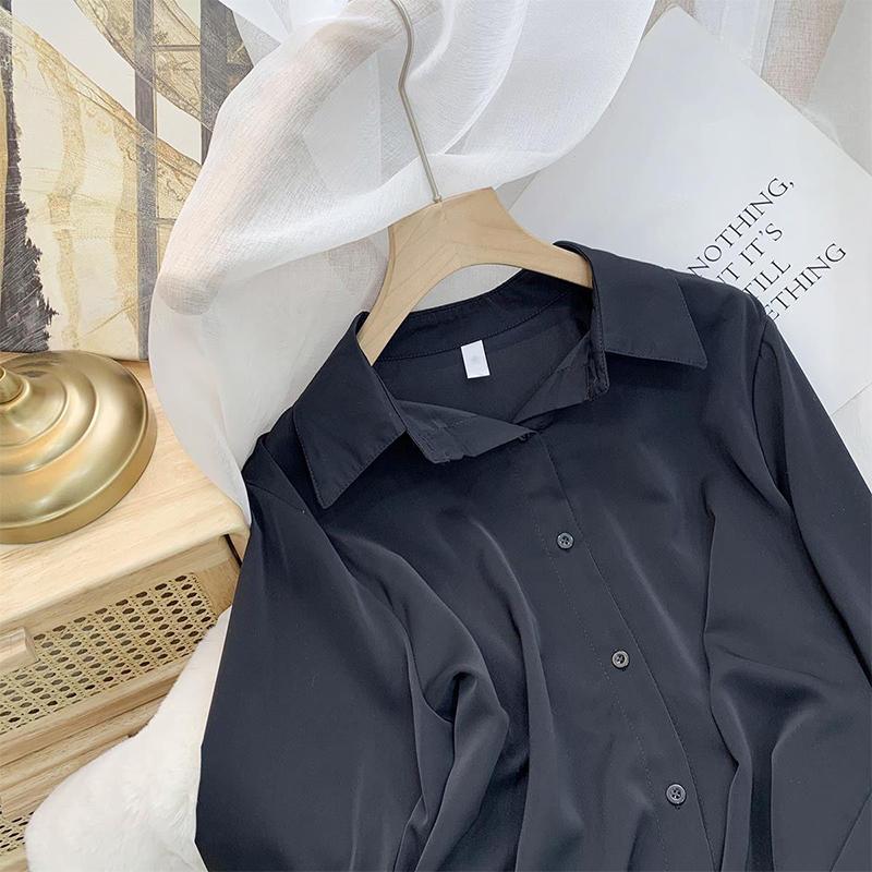 

HI-FASHION шифоновая блузка женская белая топы с длинными рукавами с лацканами весенняя корейская рубашка однотонная свободная рубашка женская плюс размер S чёрный