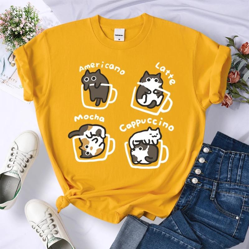 Cat Coffee Art Letter Printed T-Shirts Women Breathable O-Neck Tee Shirts Loose Short Sleeve Soft Street Casual Clothes Female