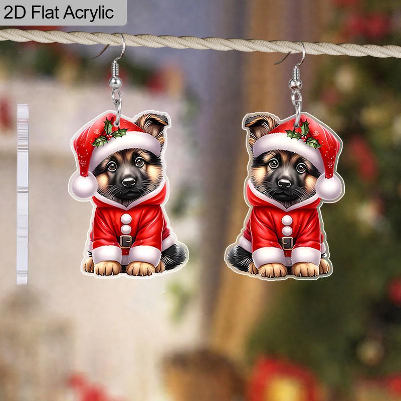 2D Flat Christmas Cartoon Christmas Costumes Hat Dog Double-sided Pattern Earrings Jewelry Gift for Women Female