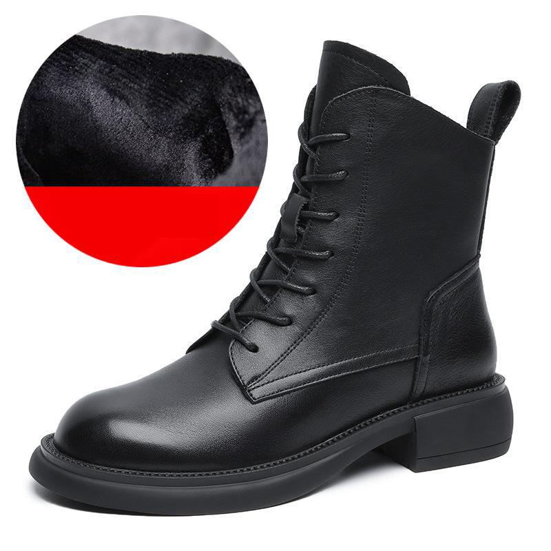 

Взуття Johnature з натуральної шкіри. Жіночі чоботи на блискавці з круглим носком на плоскій підошві з повсякденними черевиками на платформі в стилі ретро зі шнурівкою. 38 квасолі чорного кольору