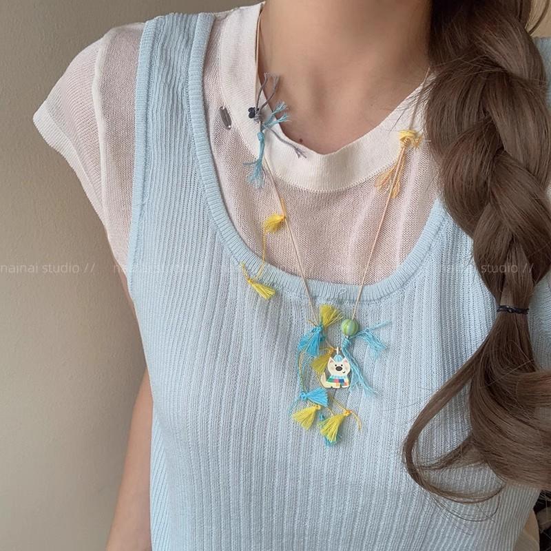 Cartoon niedlicher Apfel Liebe Hund bunter gewebter Halskette Damen Sommer lange Pullover Kette Zubehör