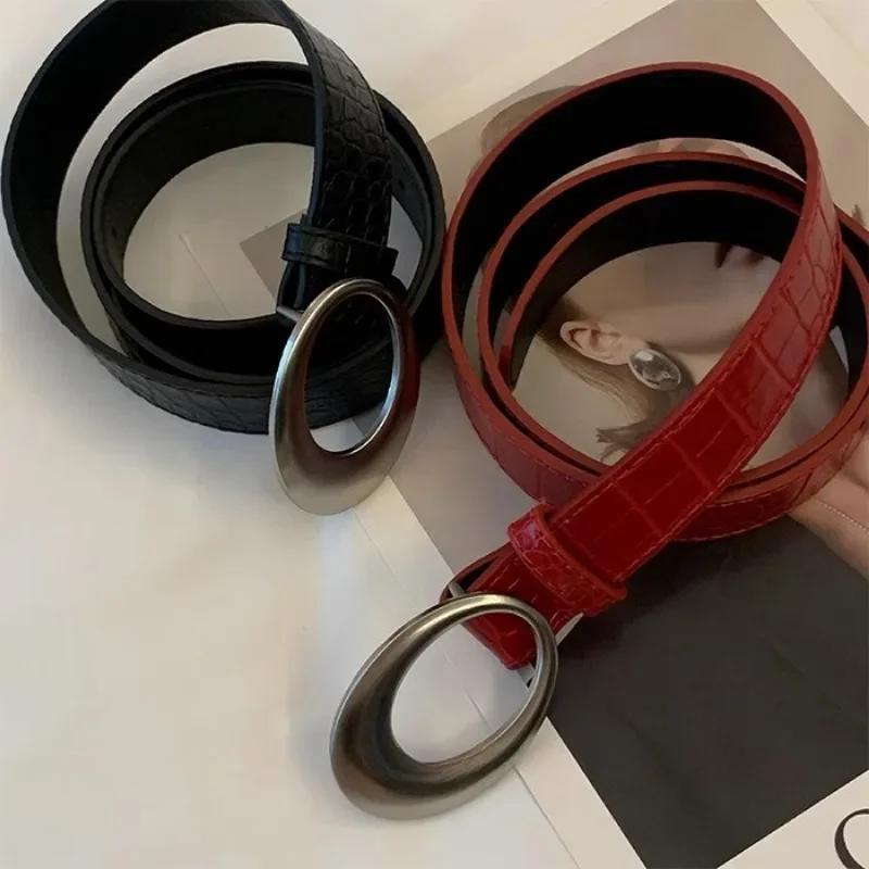 Vintage American Belt Crocodile Lines for Women Men Fashion Pu Leather Punk Metal Buckle Jeans Pants Advanced Red Waist Belts