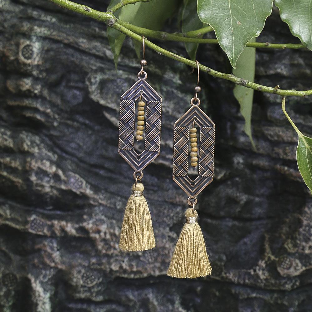 Bohemian Classic Women Geometric Tassel Wooden Earrings Vintage Gypsy Ethnic Circle Flower India Dangle Earrings Jhumka Jewelry