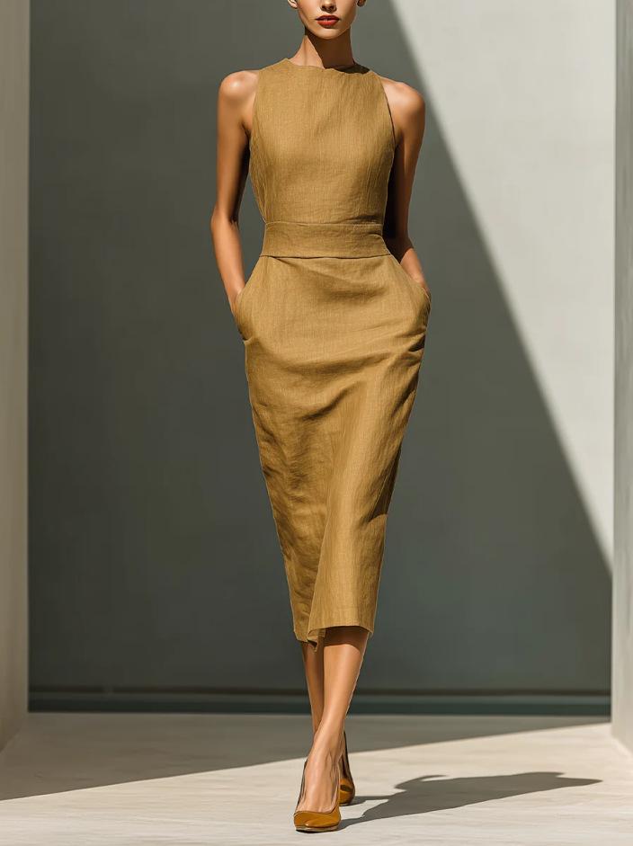 2026 new cotton-blend sleeveless round neck waist trimmed fashion medium and long women s dress S