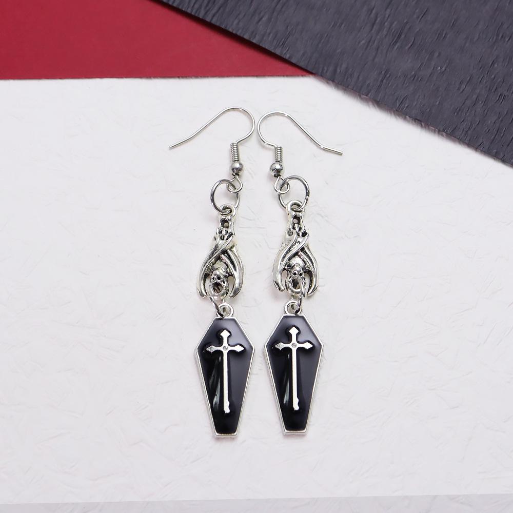 European & American Gothic Halloween Earrings: Coffin, Bat, Vampire, Cross Designs