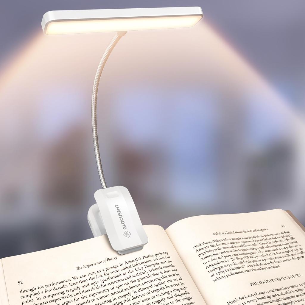 Glocusent Reading Light, Clip-on Light with 26 LEDs, 5 Warm Colors & Stepless Dimming, Long-Lasting, Perfect for Reading in Bed, Rechargeable Clip-on