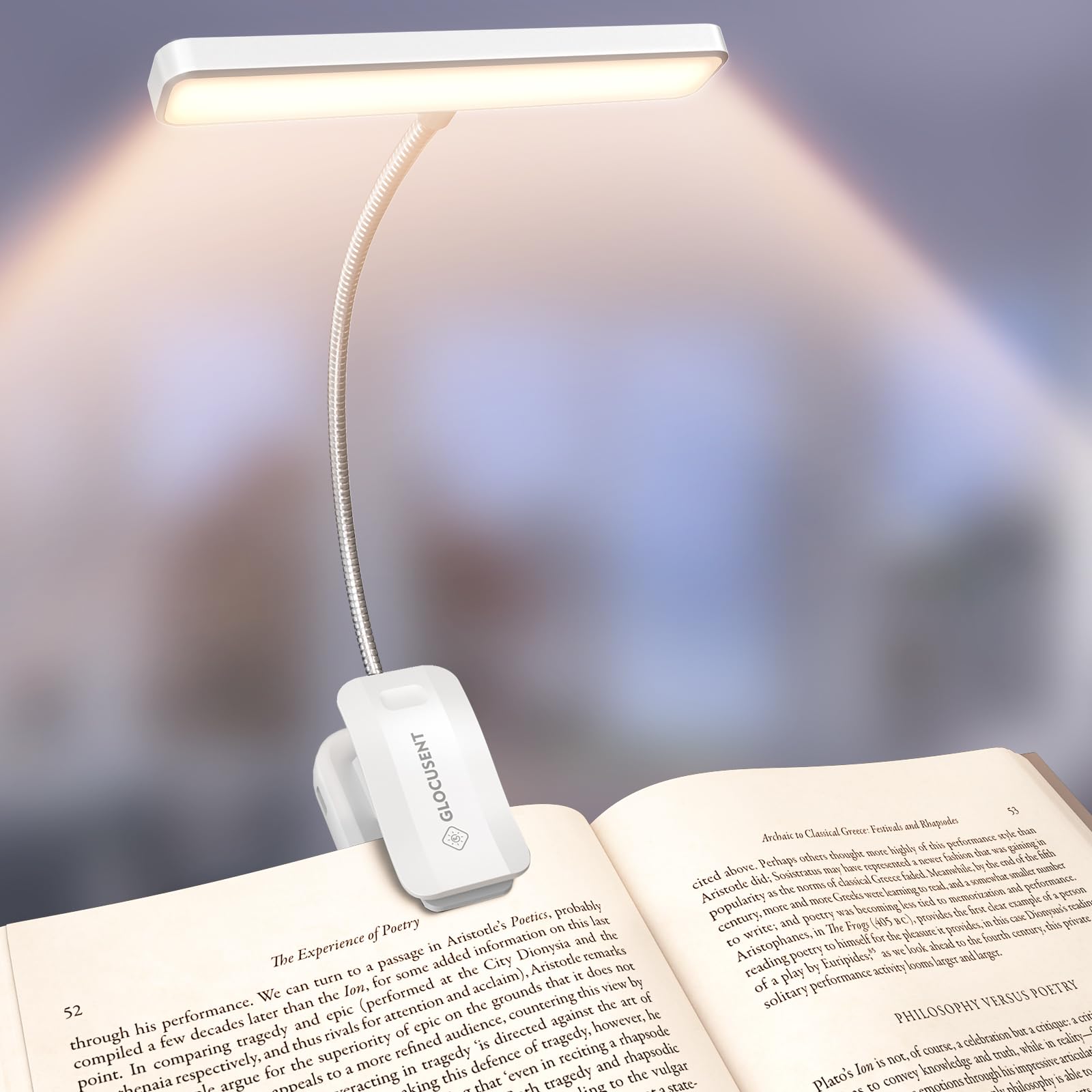 

Glocusent Reading Light, Clip-on Light with 26 LEDs, 5 Warm Colors & Stepless Dimming, Long-Lasting, Perfect for Reading in Bed, Rechargeable Clip-on