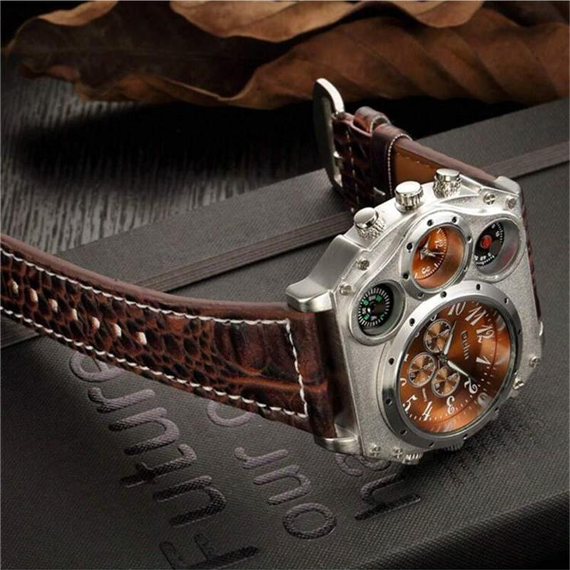Oulm Fashion Casual Men's Watch Night Light Dual Time Zone Large Dial Leather Strap Men's Quartz Watch reloj hombre