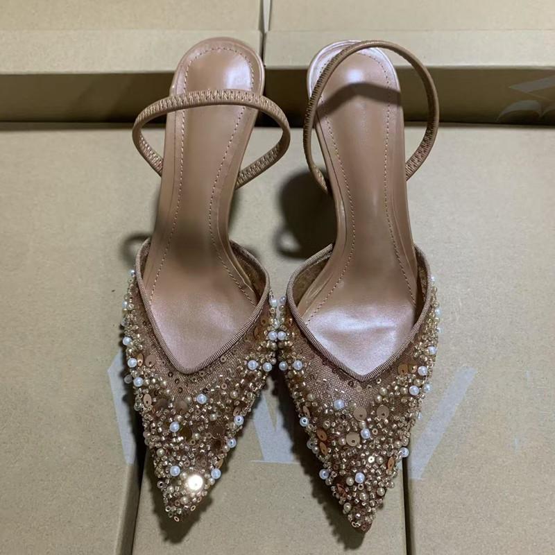 

Bling Bling Fashion Pearls Sequined Air Mesh Women Pumps Sandals Elegant Thin High heels Female Slingbacks Party Modern Shoes 35