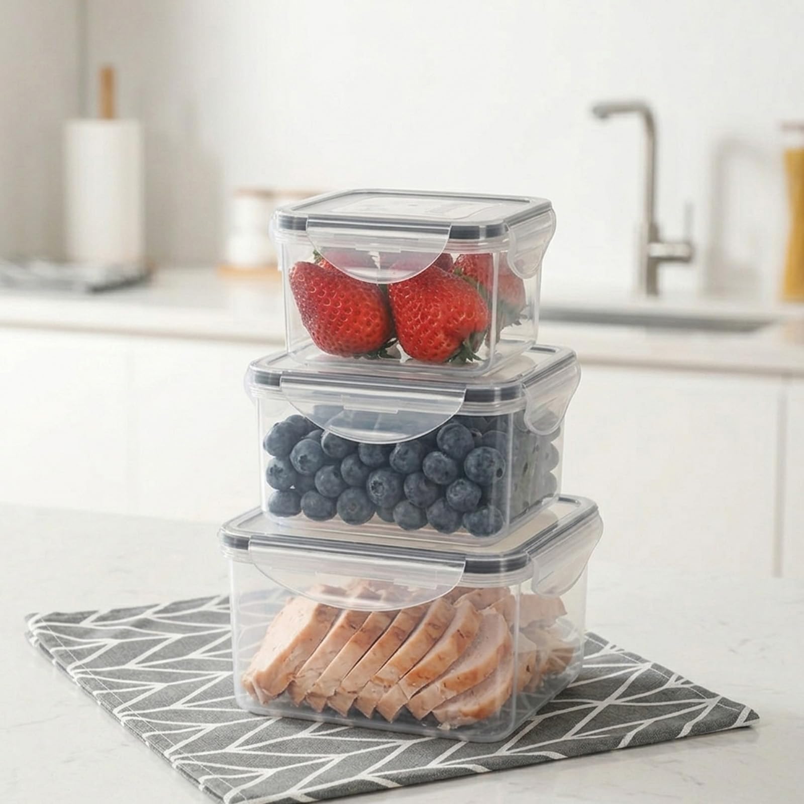 Food Storage Containers Set 3 Piece Airtight Leakproof Square Food Containers with Lids Stackable Clear Plastic Meal Prep Containers BPA-Free for 3