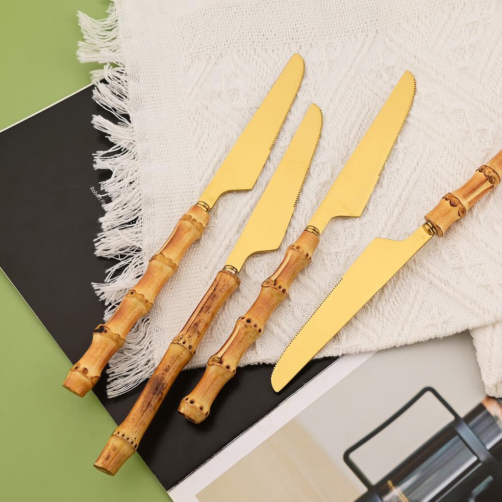 16 PCS Bamboo Handle Flatware Set, Stainless Steel Silverware Set for 4, Knives Forks Spoons and Tea Fork Set, Use For Home Kitchen Party and Travel