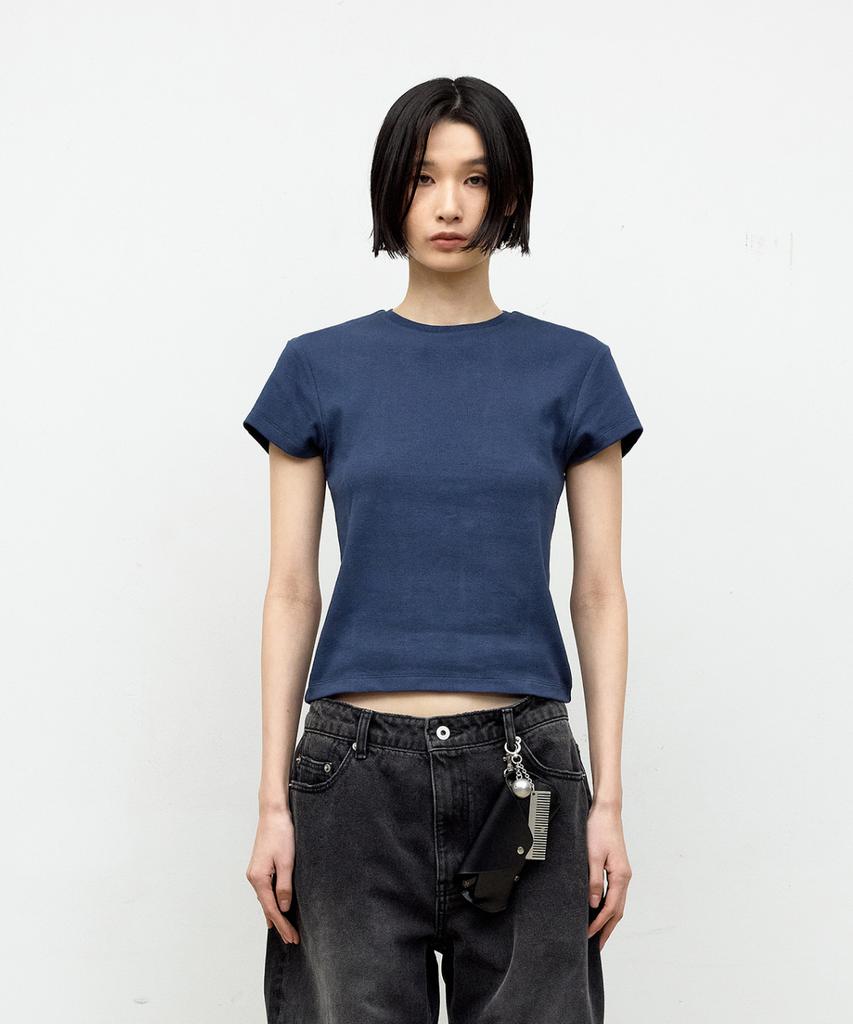 Kueoumeon Ribbed Crop T-Shirt (Navy)