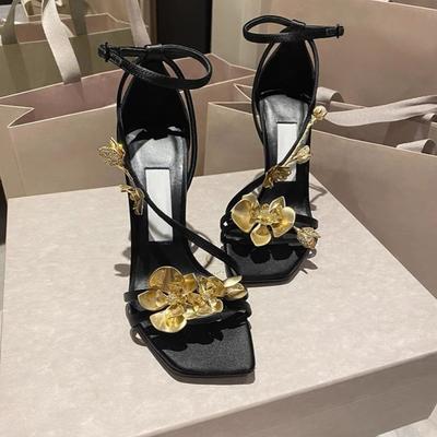 European and American Metal Flower Decoration Flower Fashion Square Head High Heel Open Toe Word Buckle Thin Heel Rhinestone Sandals Women