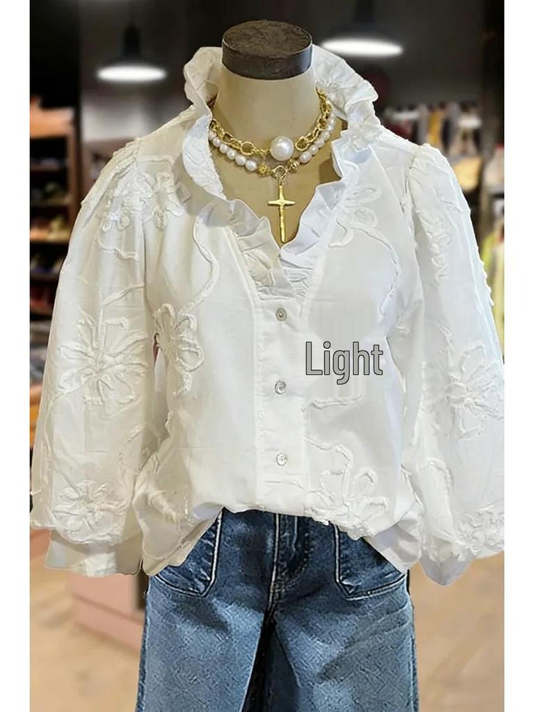 European-American V-Neck Ruffle Puff Sleeve Embroidered Women's Casual Holiday Top