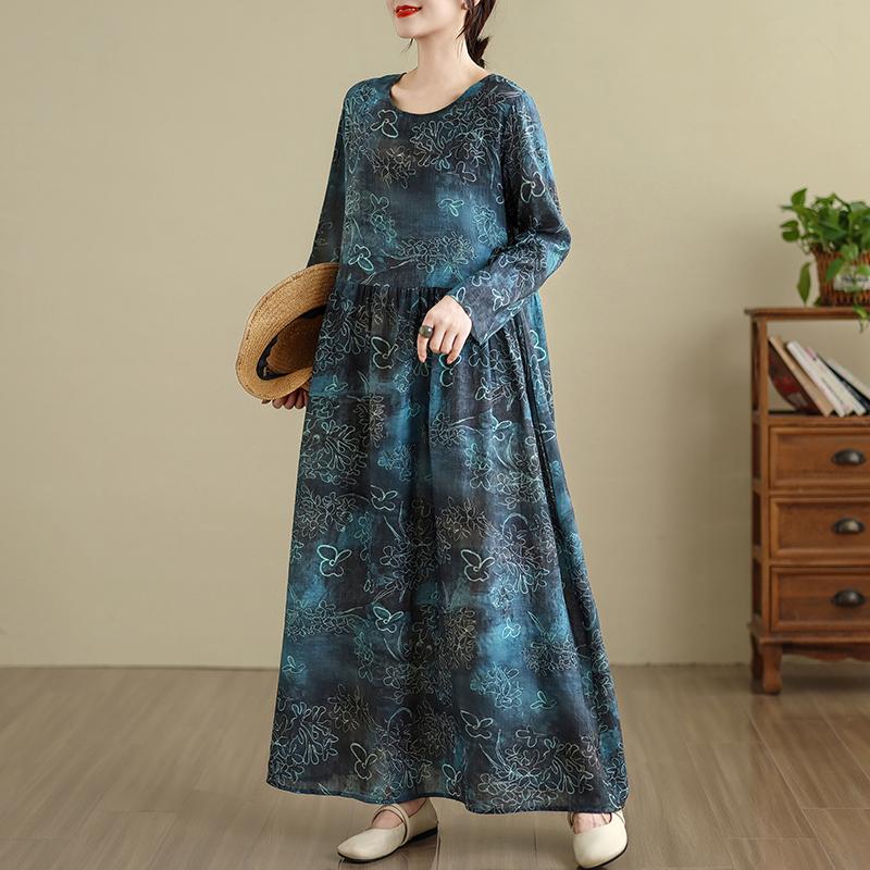 DIMANAF Neu 2025 Damen Übergröße Frühling Langes Kleid Locker Basic Vintage Oversize Langarm Maxi Floral