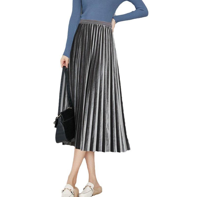 Women's High-Waisted Gold Velvet Pleated A-Line Long Skirt